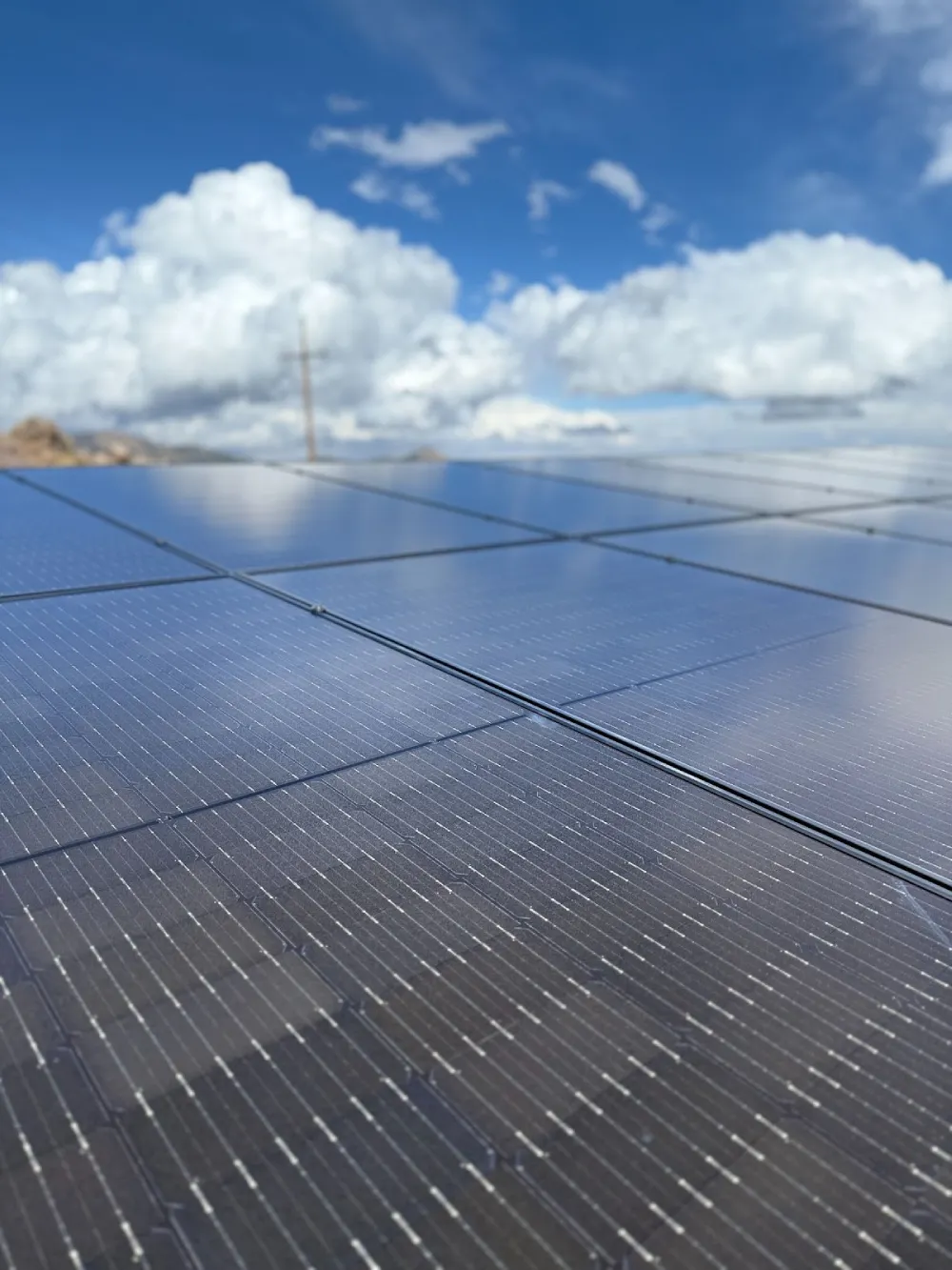 Modern solar panels generating renewable power with clear sky reflections.